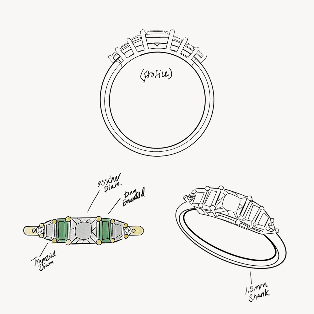 Asscher Diamond and Emerald Ring in 14K Yellow Gold Audry Rose