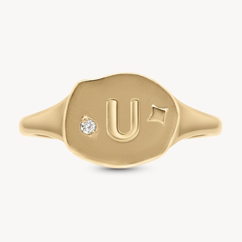 PAVOI Women's 14K Yellow Gold Plated Initial Ring - Adjustable Disc Ring With Letter U