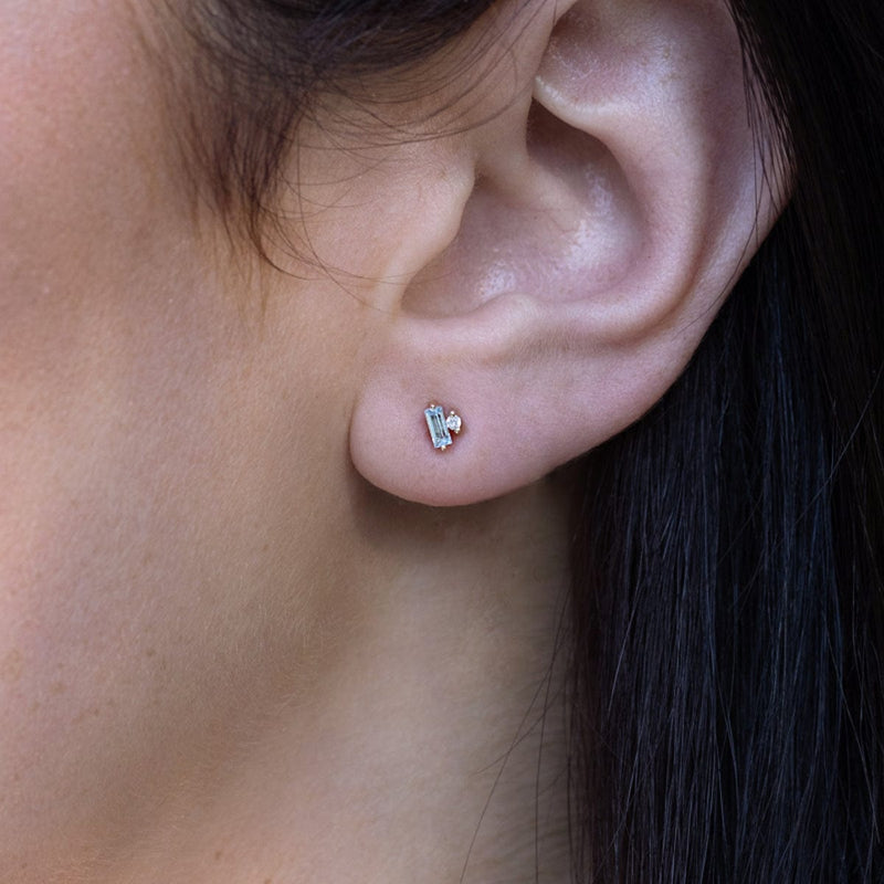 Tiny Aquamarine Baguette Diamond Stud